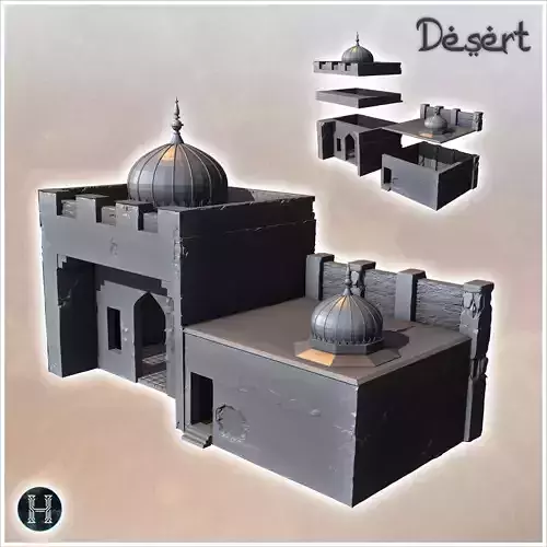 Eastern building with double domains flat roofs and battlement w