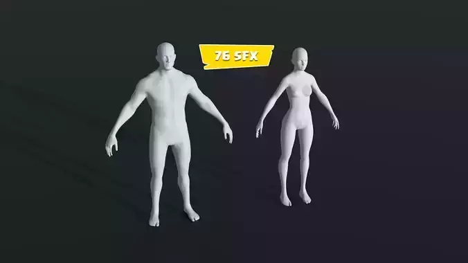 Male Female Base Mesh 28 Animations 20K Poly 76 Sound Effects Low-poly 3D model