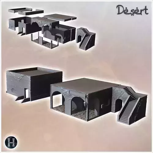 Set of two flat-roofed Eastern buildings with lantern and grand 