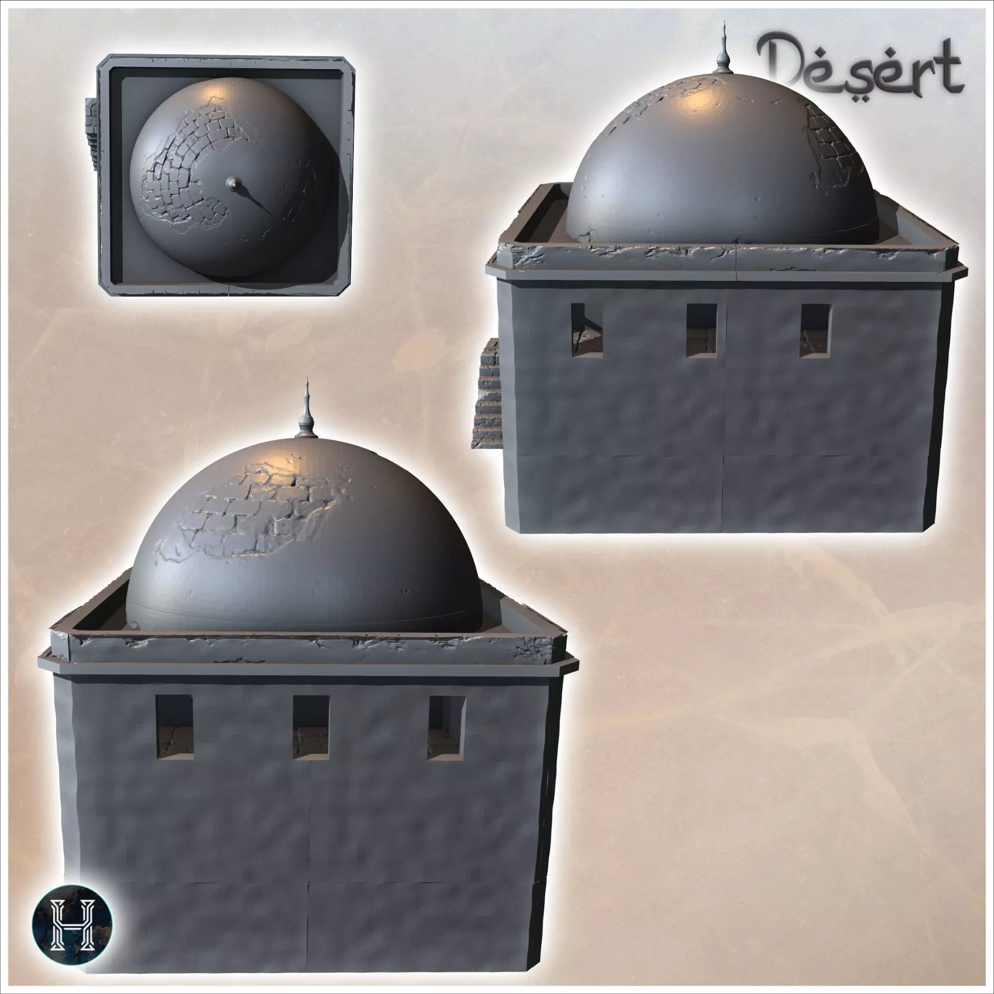 Square Eastern building with access stairs and large damaged dom 3D print model_6