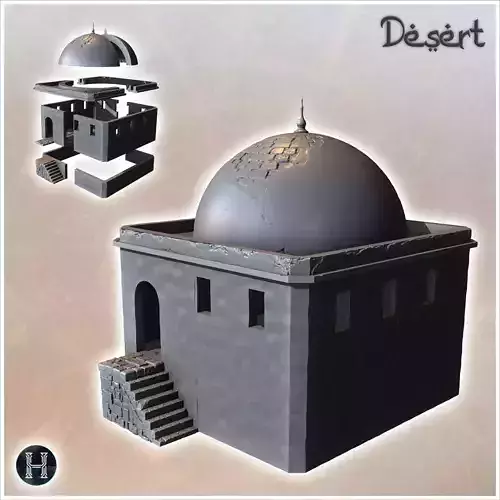 Square Eastern building with access stairs and large damaged dom 3D print model Square Eastern building with access stairs and large damaged dom 3D print model