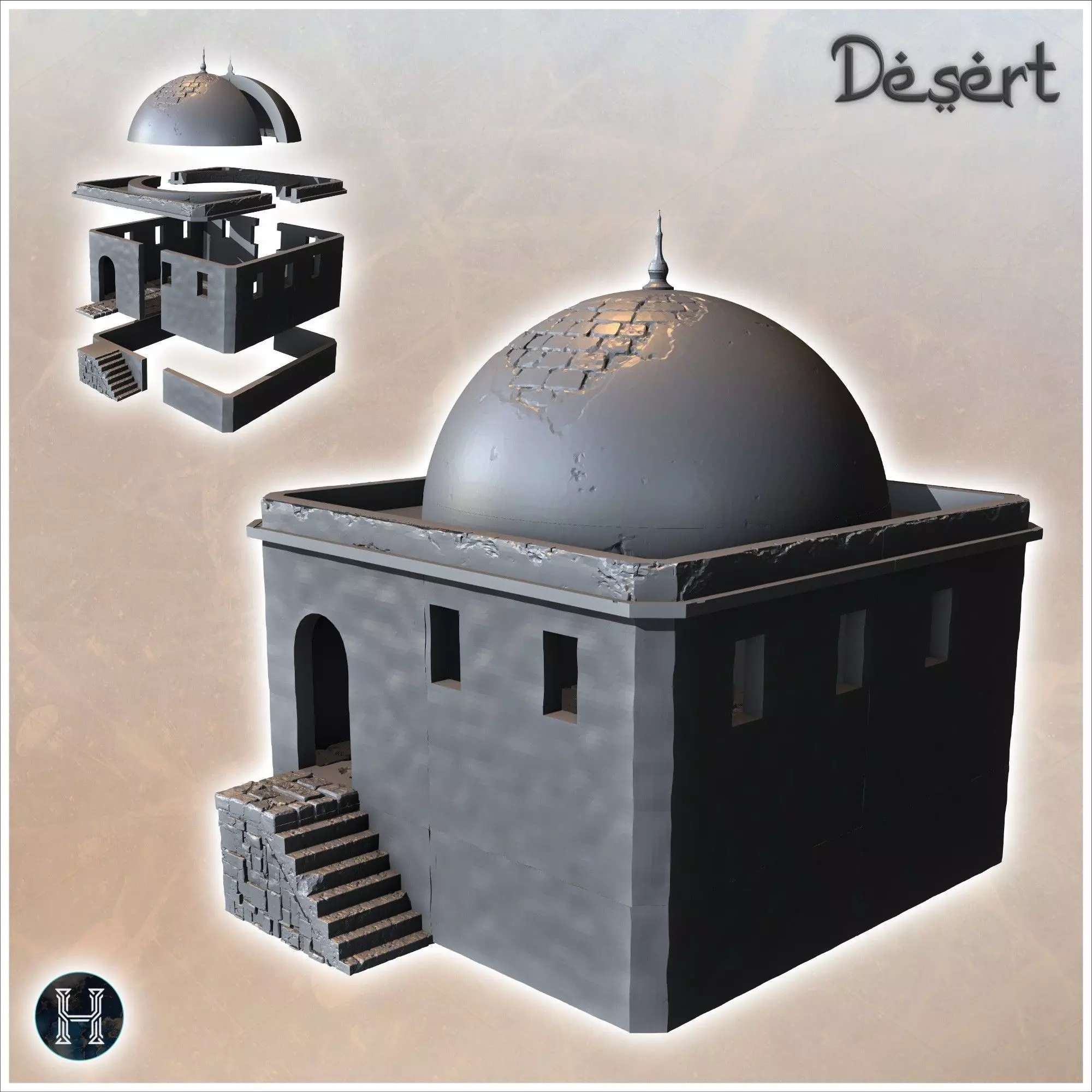 Square Eastern building with access stairs and large damaged dom 3D print model_1