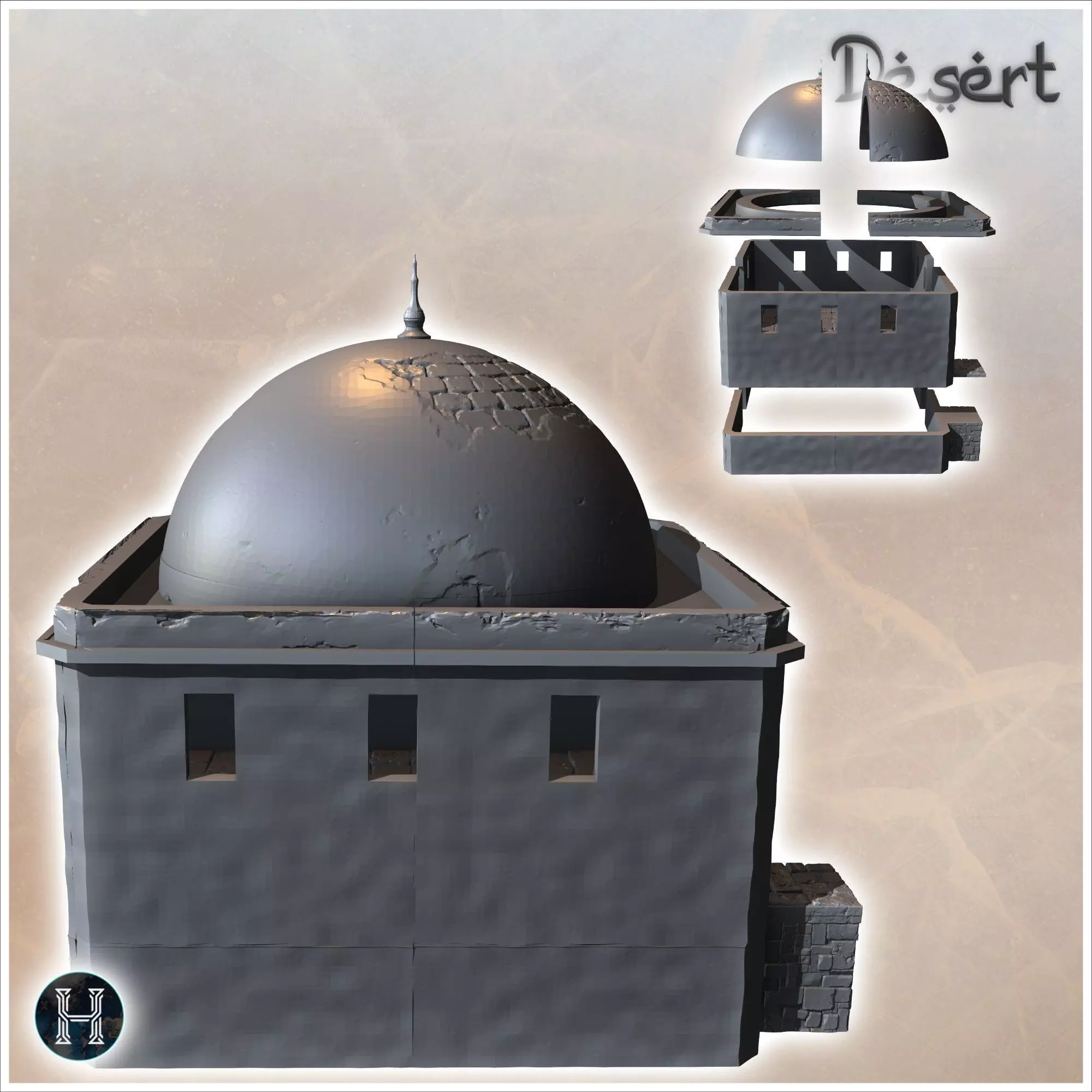 Square Eastern building with access stairs and large damaged dom 3D print model_4