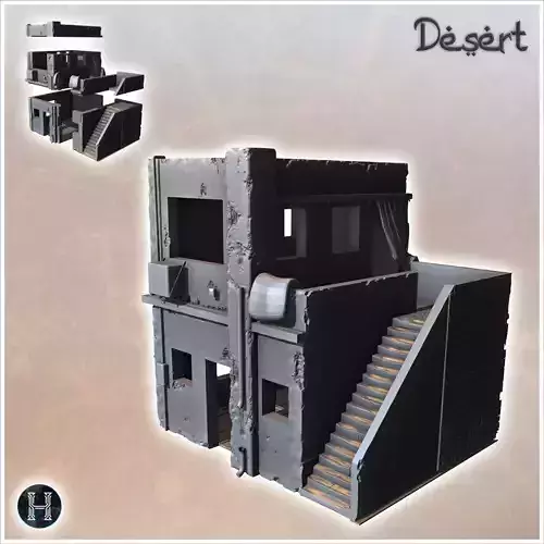 Modern flat-roofed desert building with side stairs and door cur