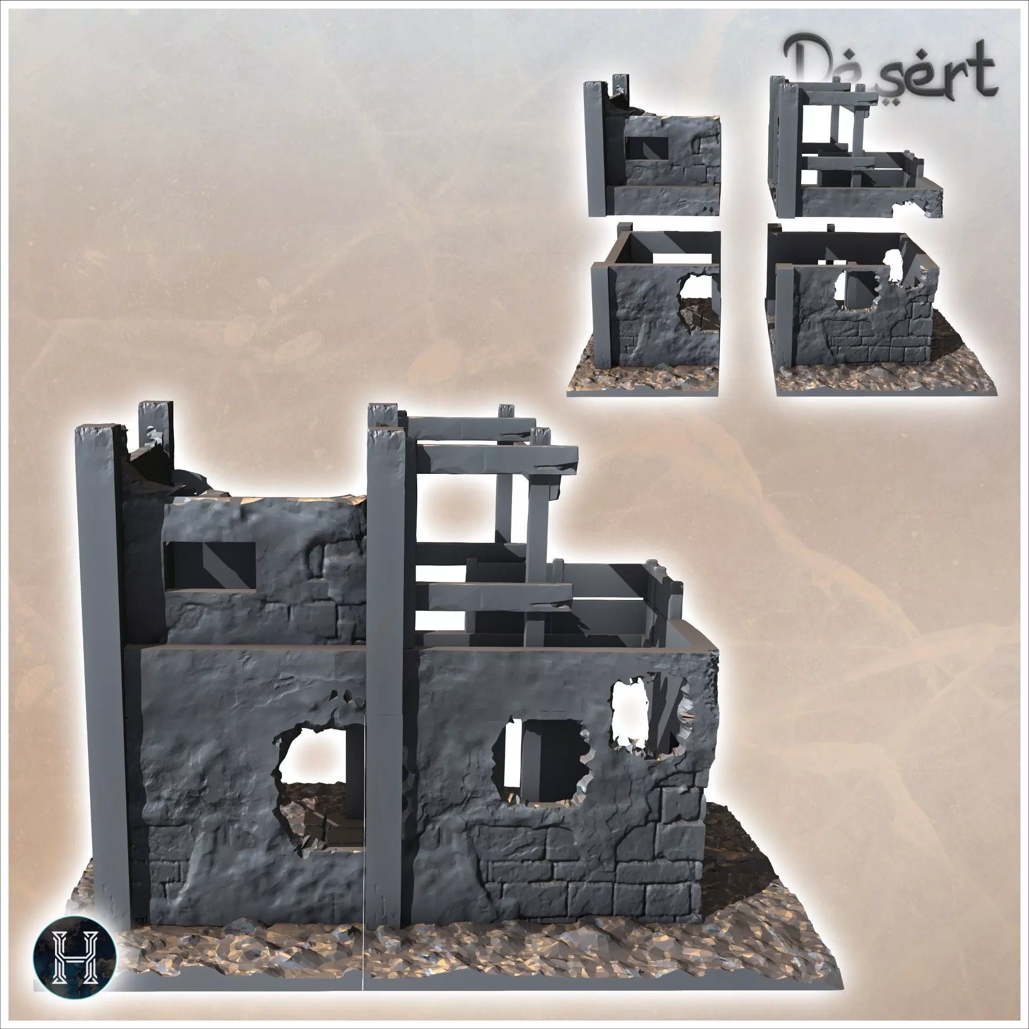 Ruined desert building with wooden frame and upstairs terrace 15 3D print model_5