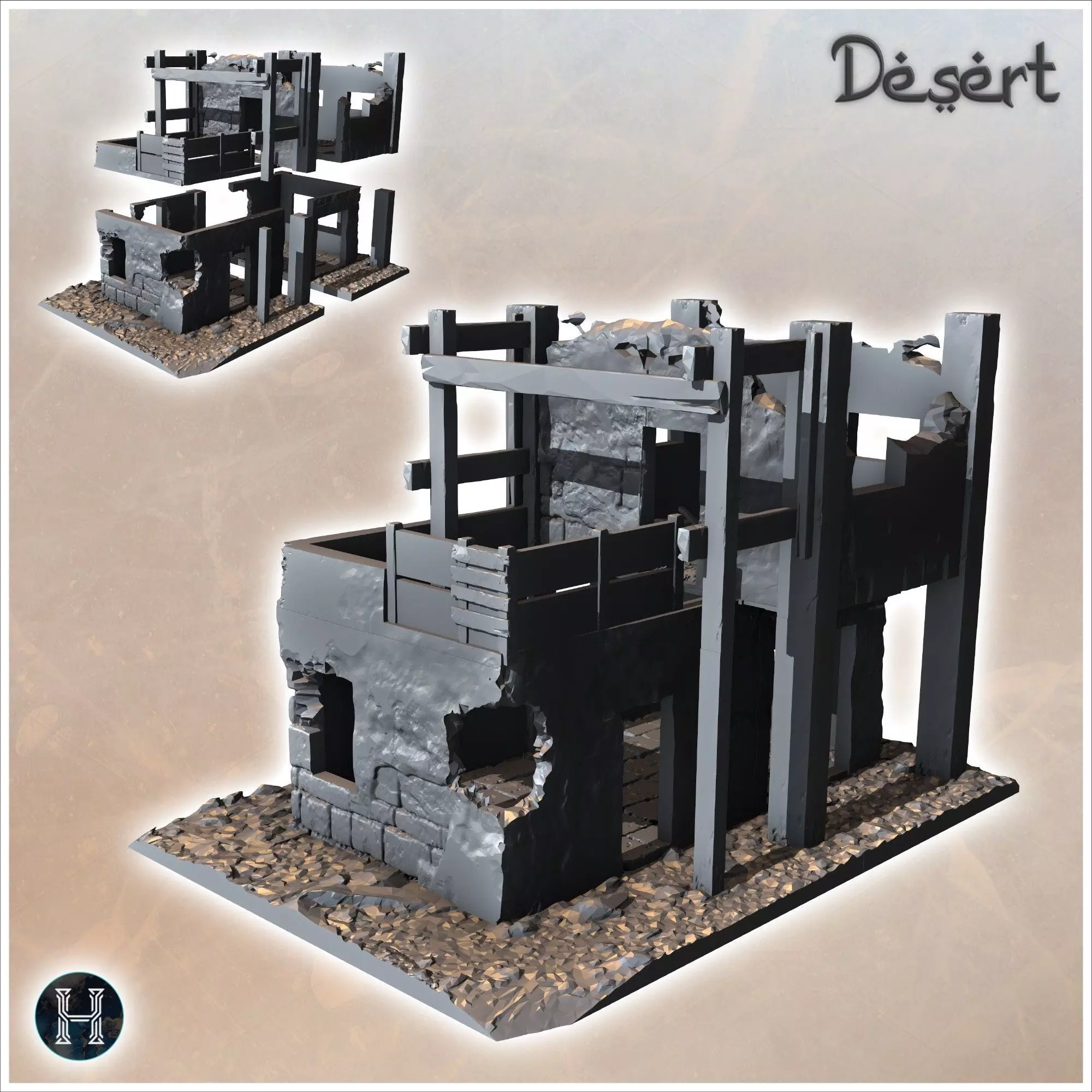 Ruined desert building with wooden frame and upstairs terrace 15 3D print model_1