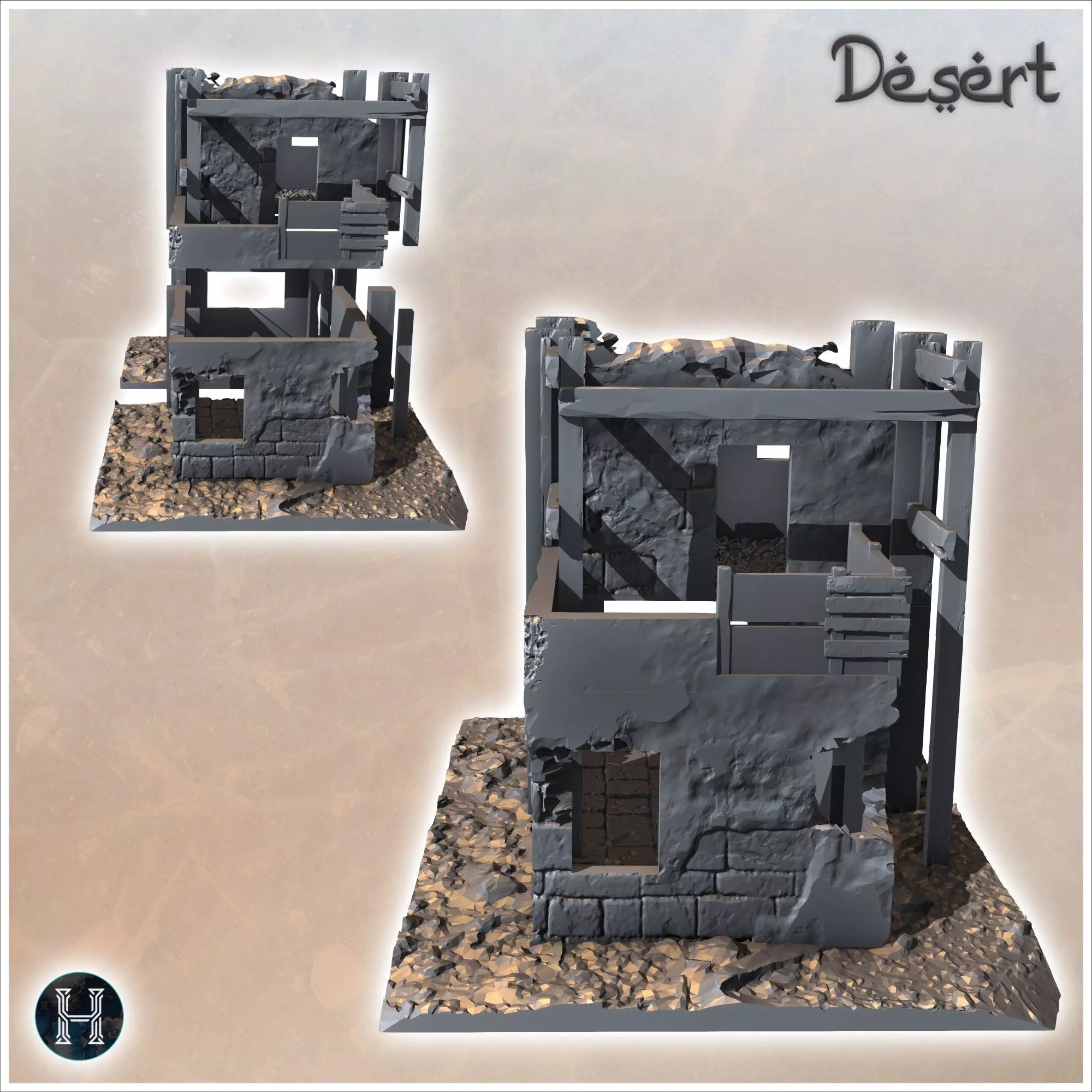 Ruined desert building with wooden frame and upstairs terrace 15 3D print model_2