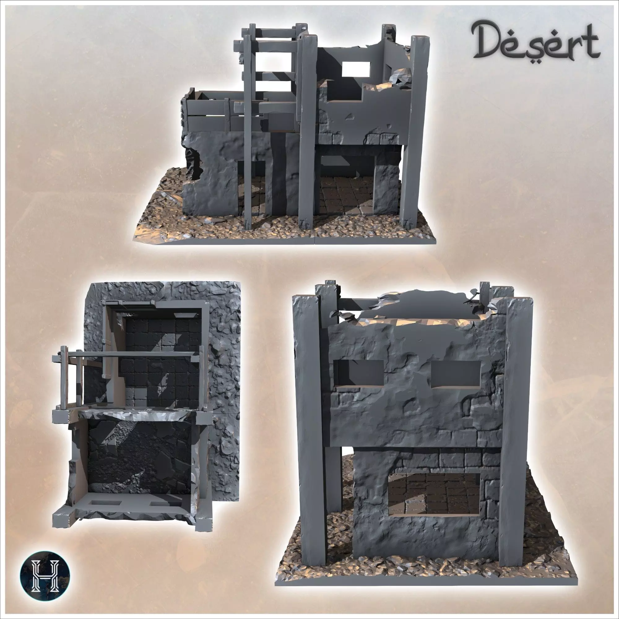 Ruined desert building with wooden frame and upstairs terrace 15 3D print model_7