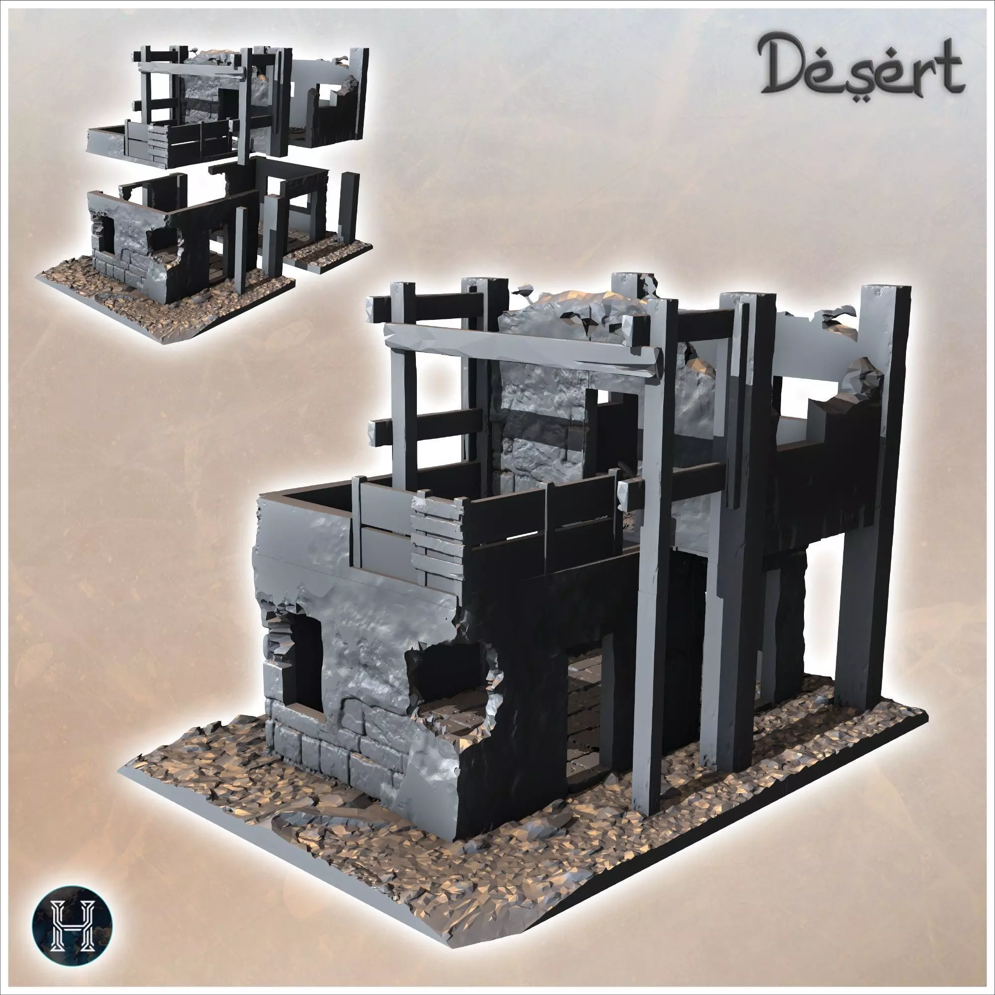 Ruined desert building with wooden frame and upstairs terrace 15 3D print model_0