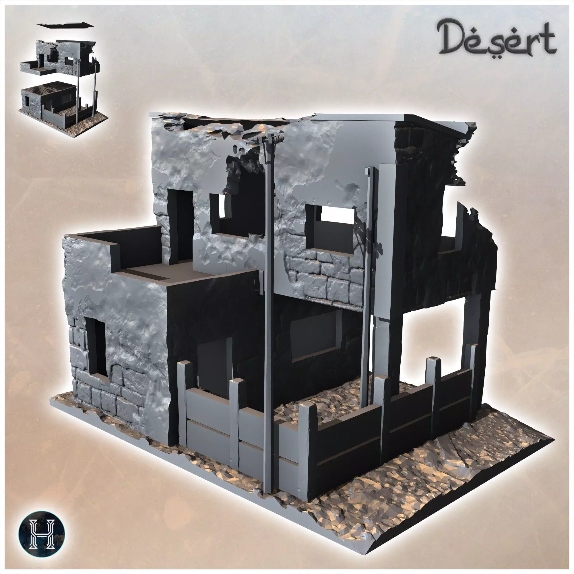 Desert building with enclosure wall electrical poles and upstair 3D print model_1