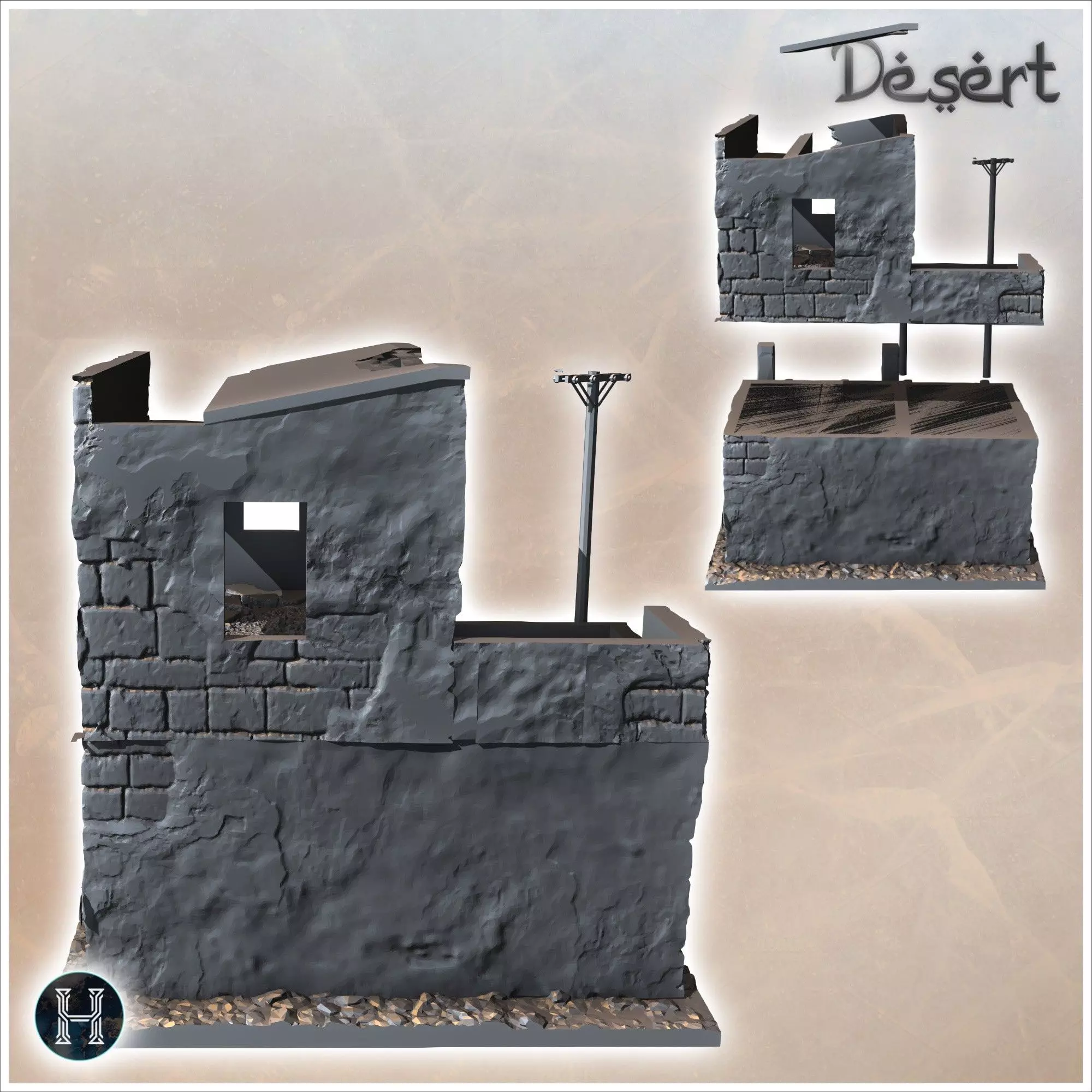 Desert building with enclosure wall electrical poles and upstair 3D print model_5