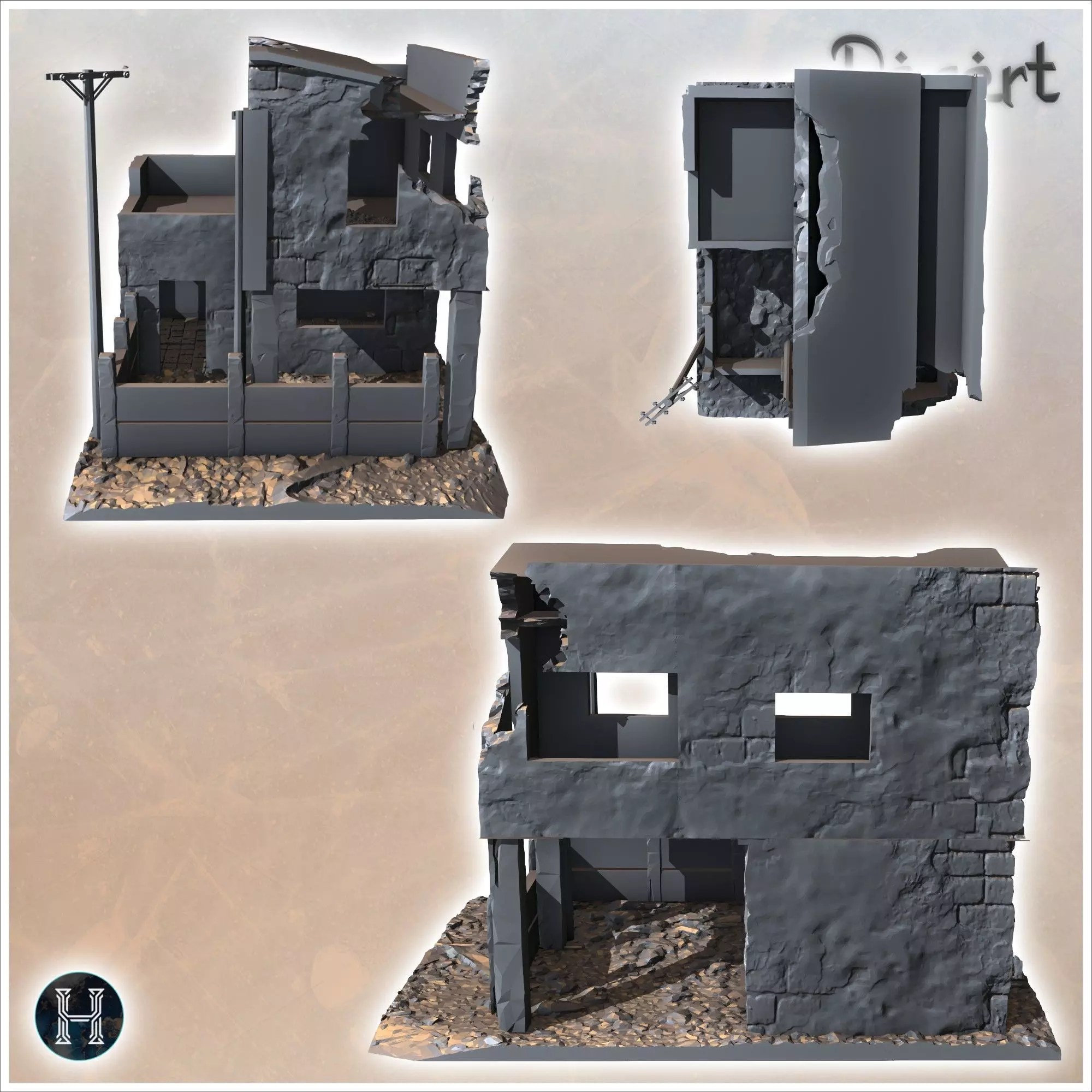 Desert building with enclosure wall electrical poles and upstair 3D print model_6