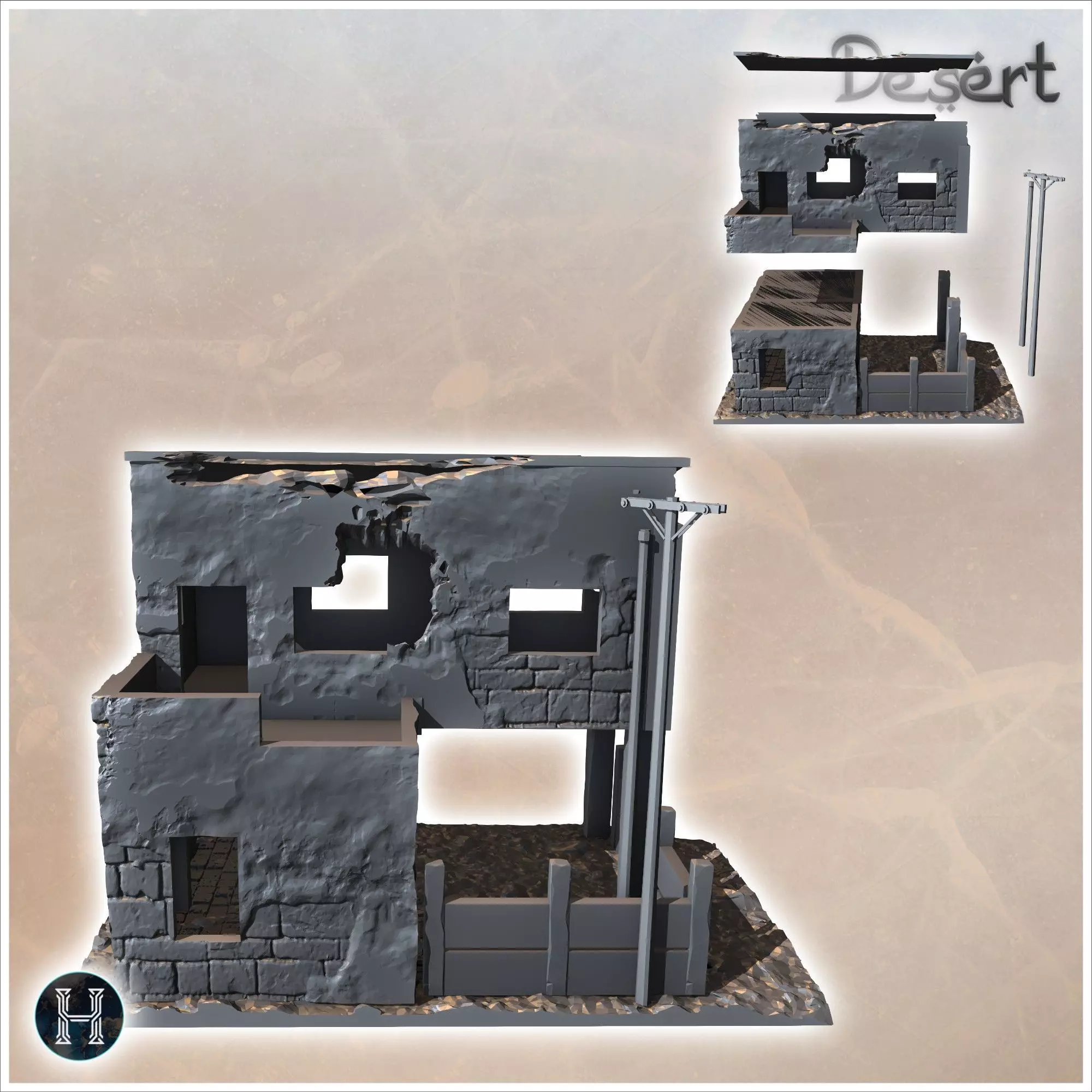 Desert building with enclosure wall electrical poles and upstair 3D print model_2
