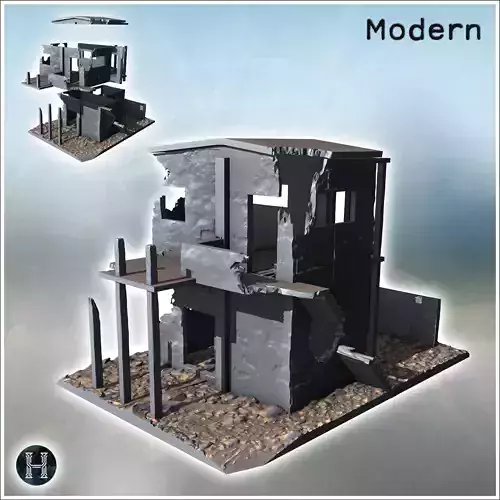 Ruined modern building with external stairs and demolished terra