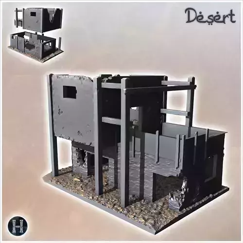 Ruined desert building with wooden frame and intact upstairs ter