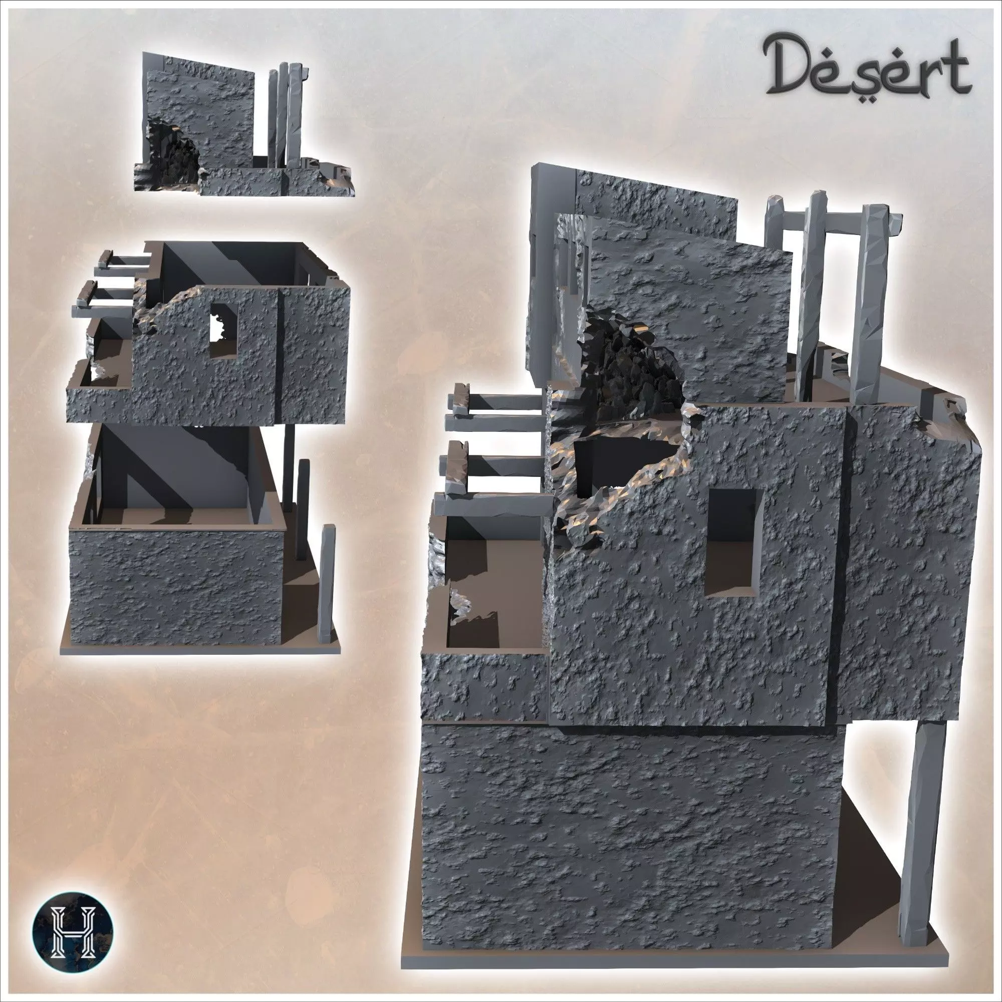 Ruined flat-roofed desert building with wooden pillars debris an 3D print model_5