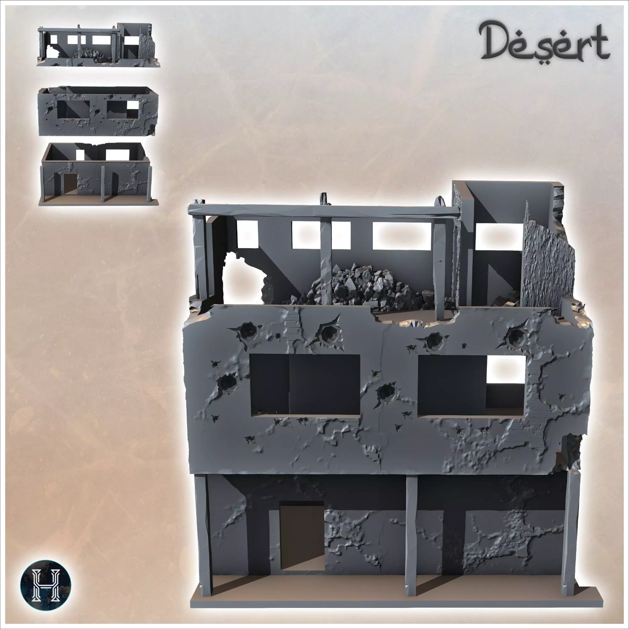 Ruined flat-roofed desert building with wooden pillars debris an 3D print model_3