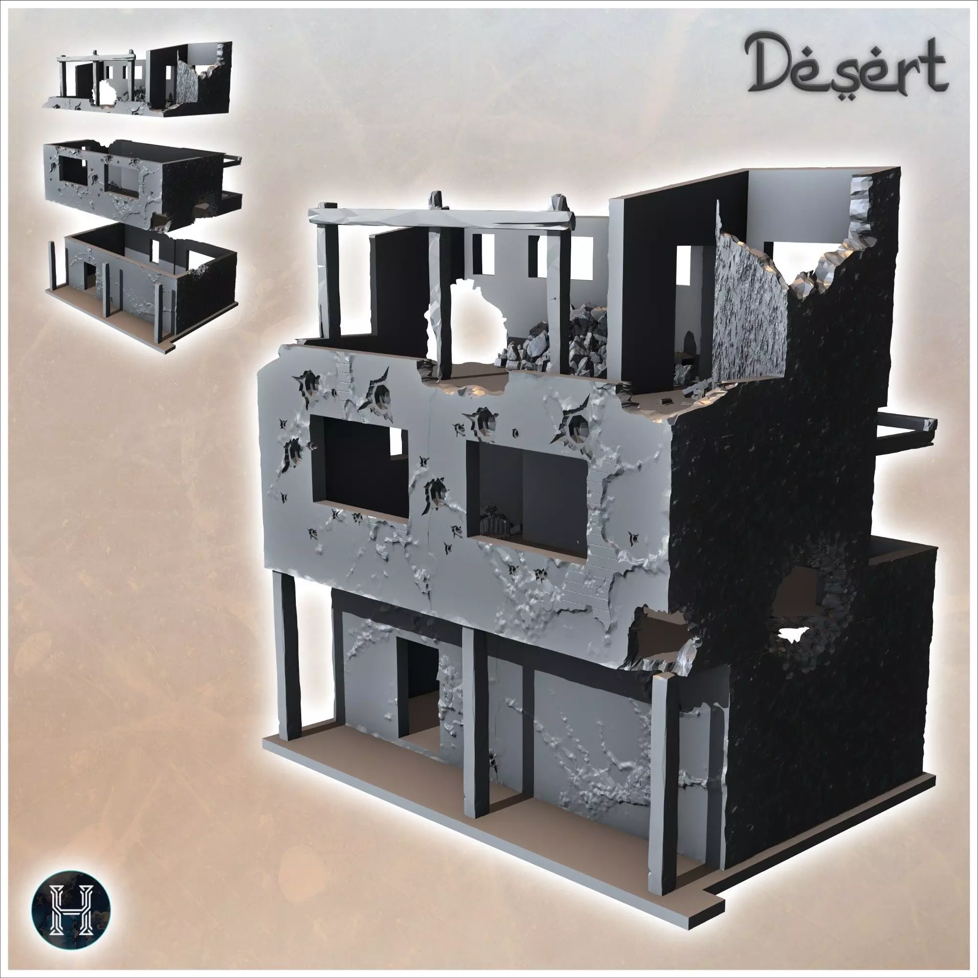 Ruined flat-roofed desert building with wooden pillars debris an 3D print model_1