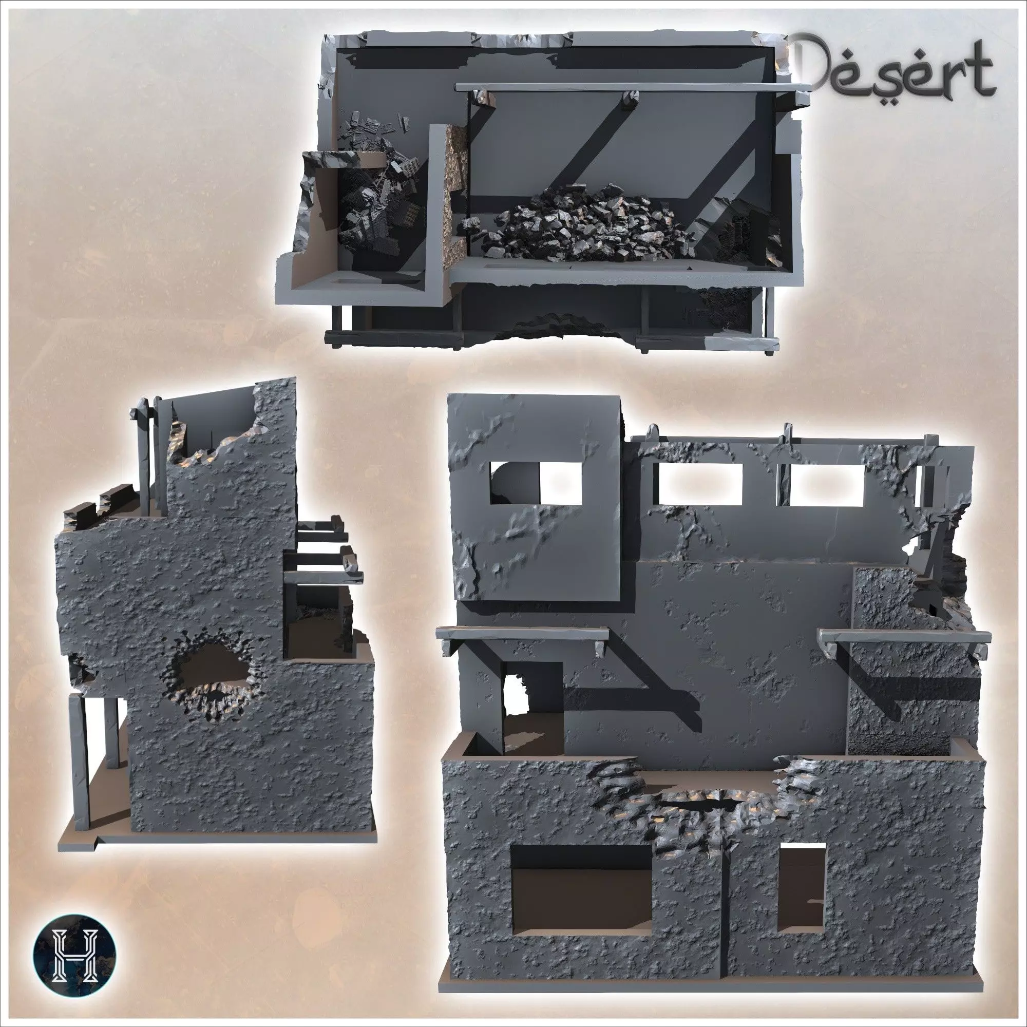 Ruined flat-roofed desert building with wooden pillars debris an 3D print model_7