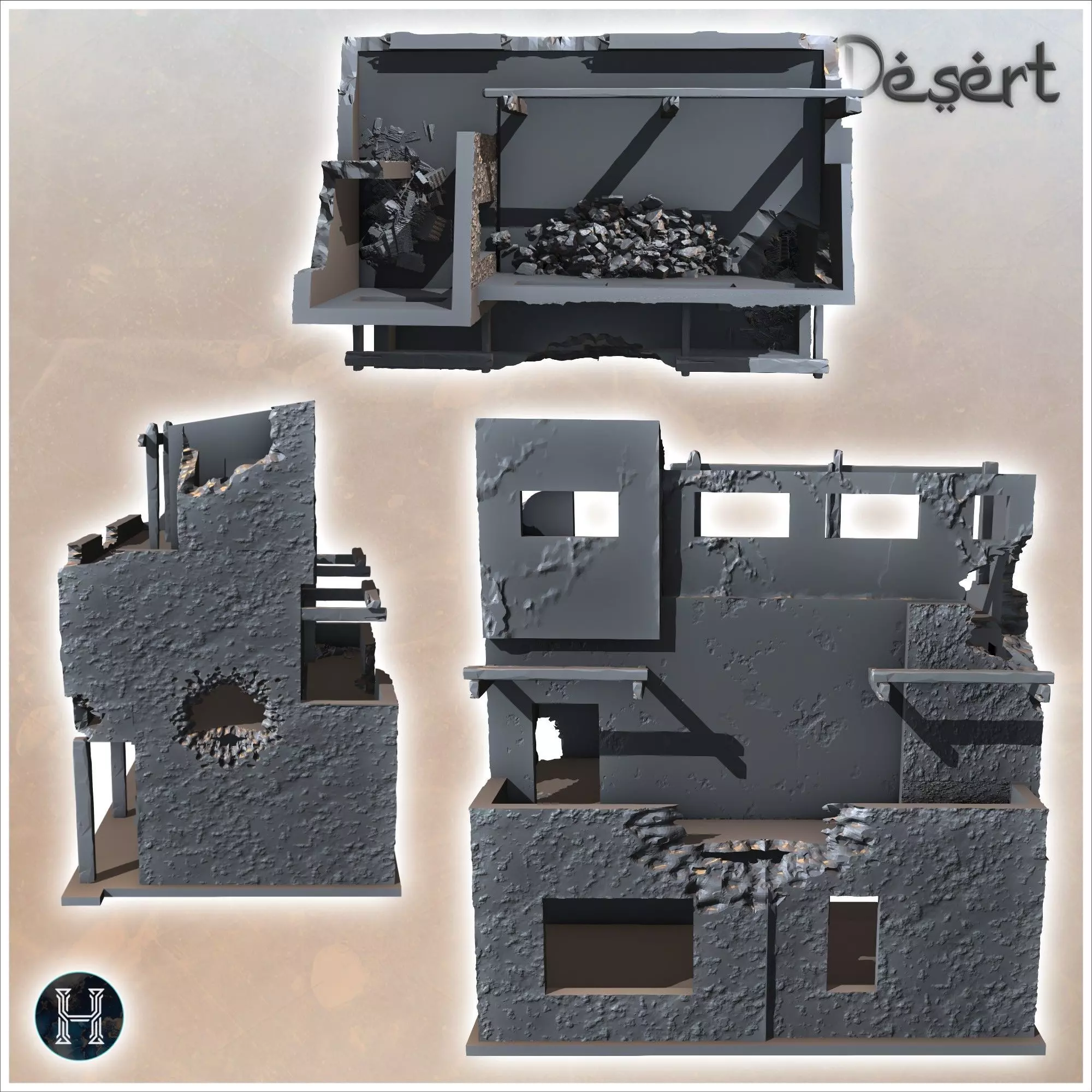 Ruined flat-roofed desert building with wooden pillars debris an 3D print model_6