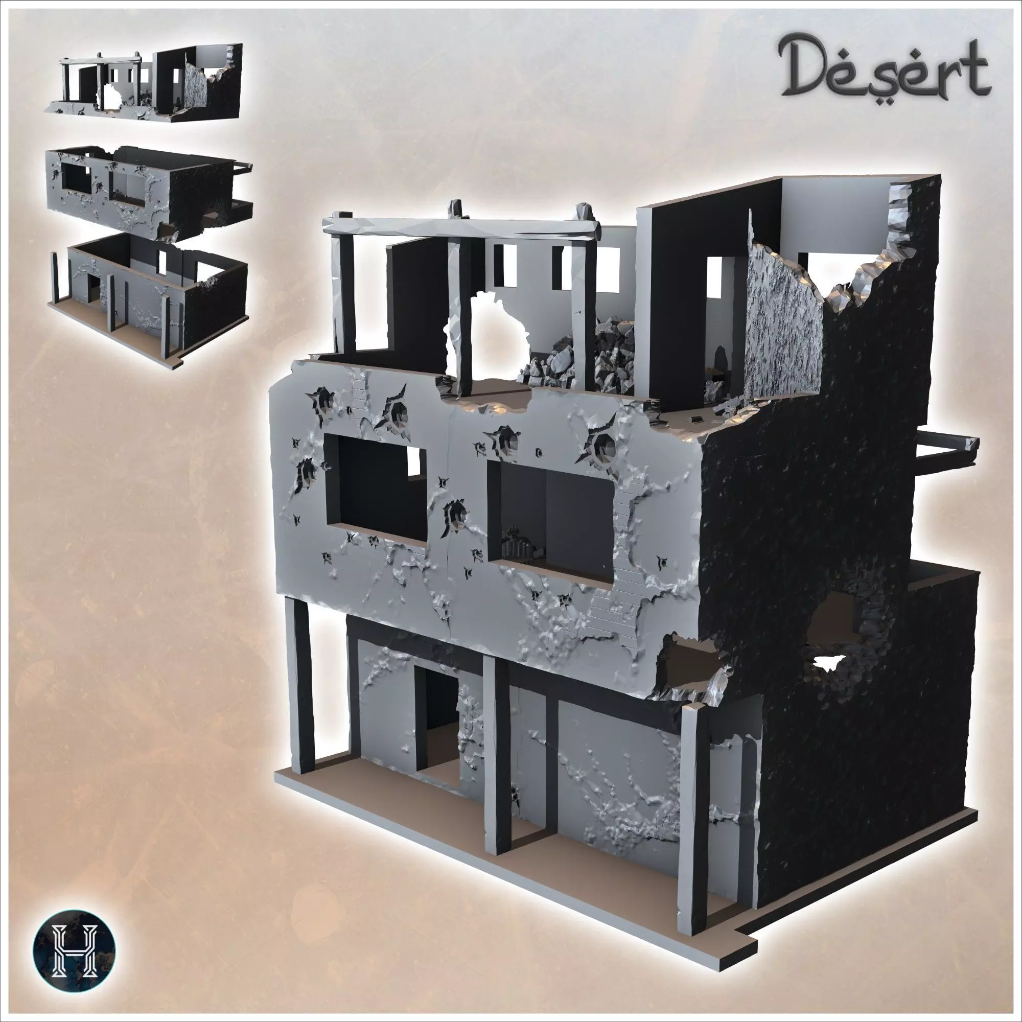 Ruined flat-roofed desert building with wooden pillars debris an 3D print model_0