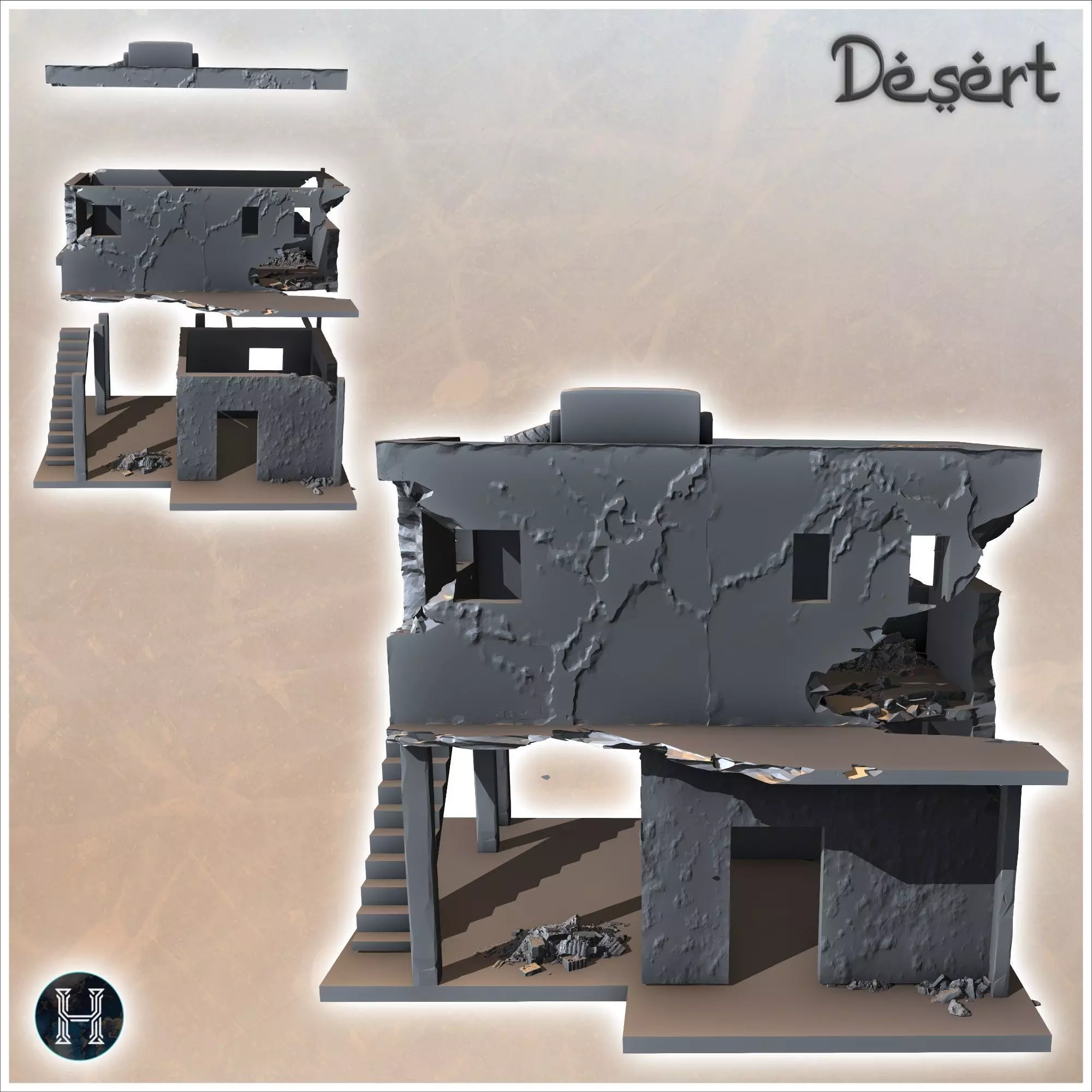 Damaged desert building with electrical pole demolished terrace 3D print model_2