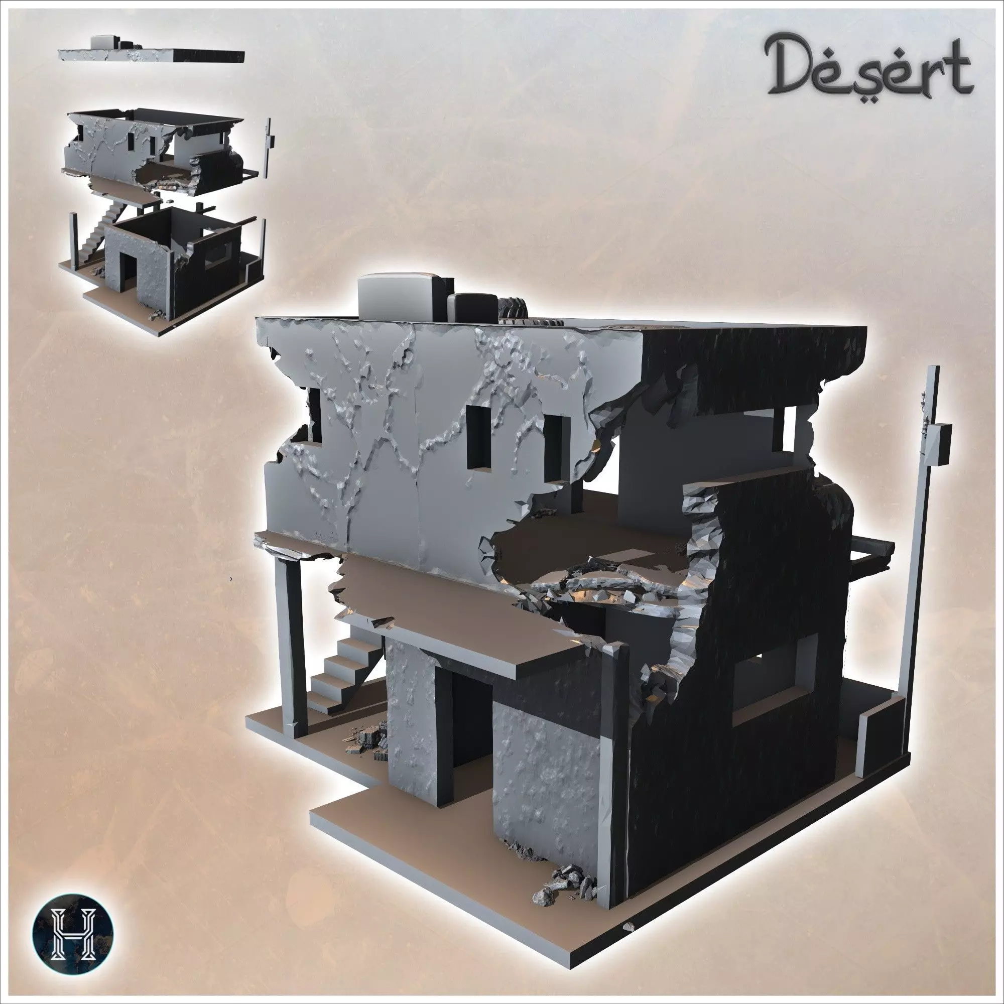 Damaged desert building with electrical pole demolished terrace 3D print model_1