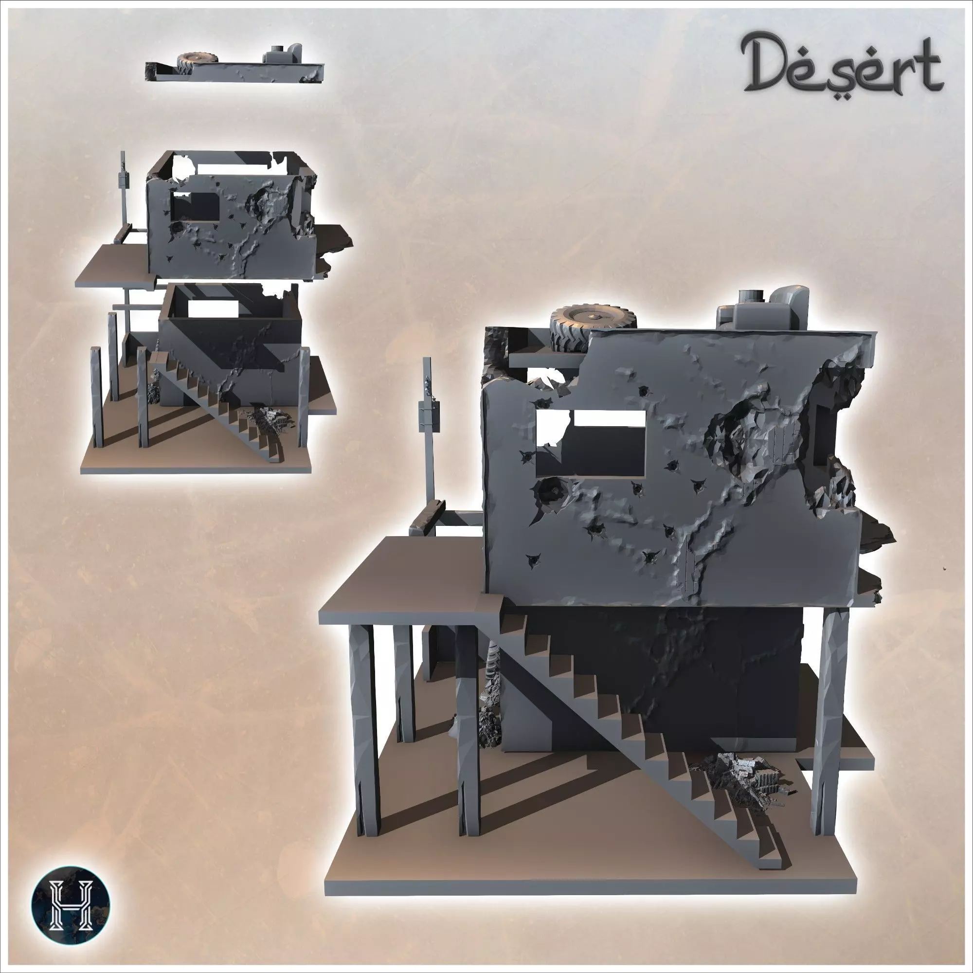 Damaged desert building with electrical pole demolished terrace 3D print model_4