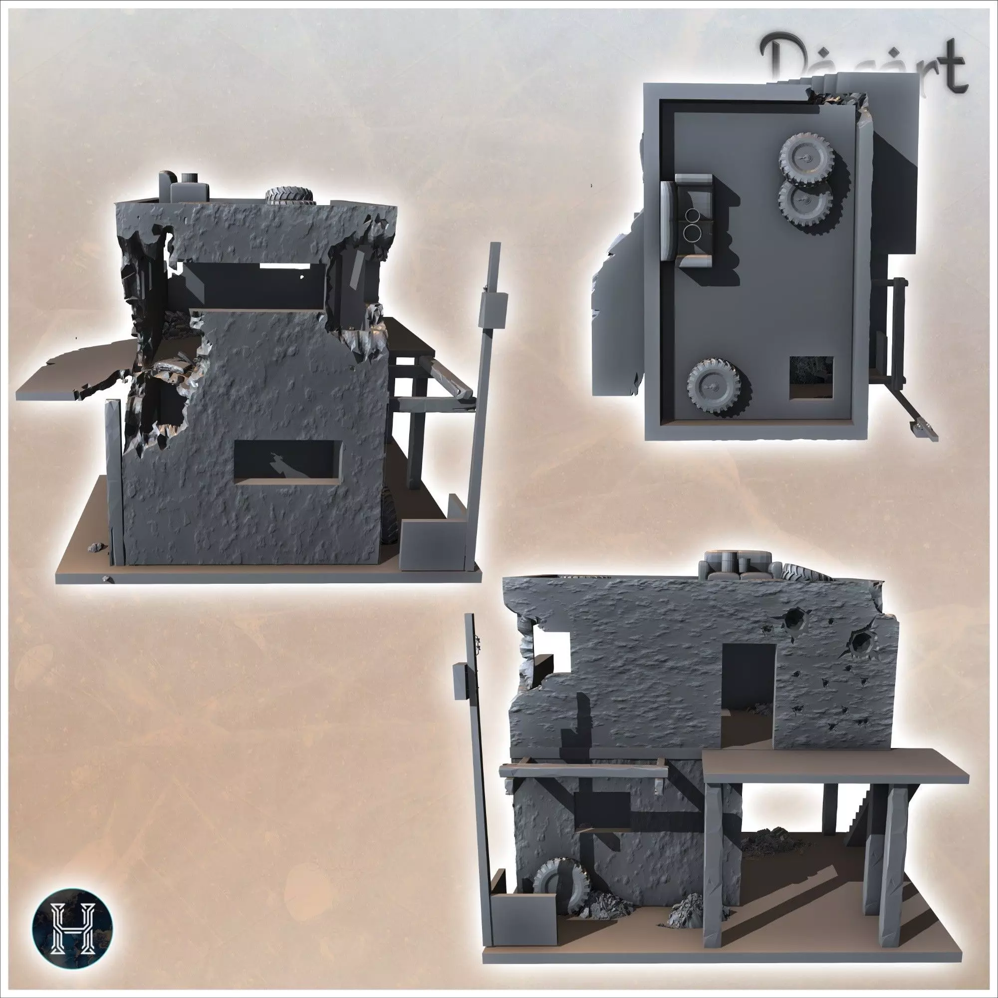 Damaged desert building with electrical pole demolished terrace 3D print model_7