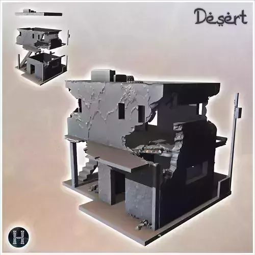 Damaged desert building with electrical pole demolished terrace 3D print model Damaged desert building with electrical pole demolished terrace 3D print model