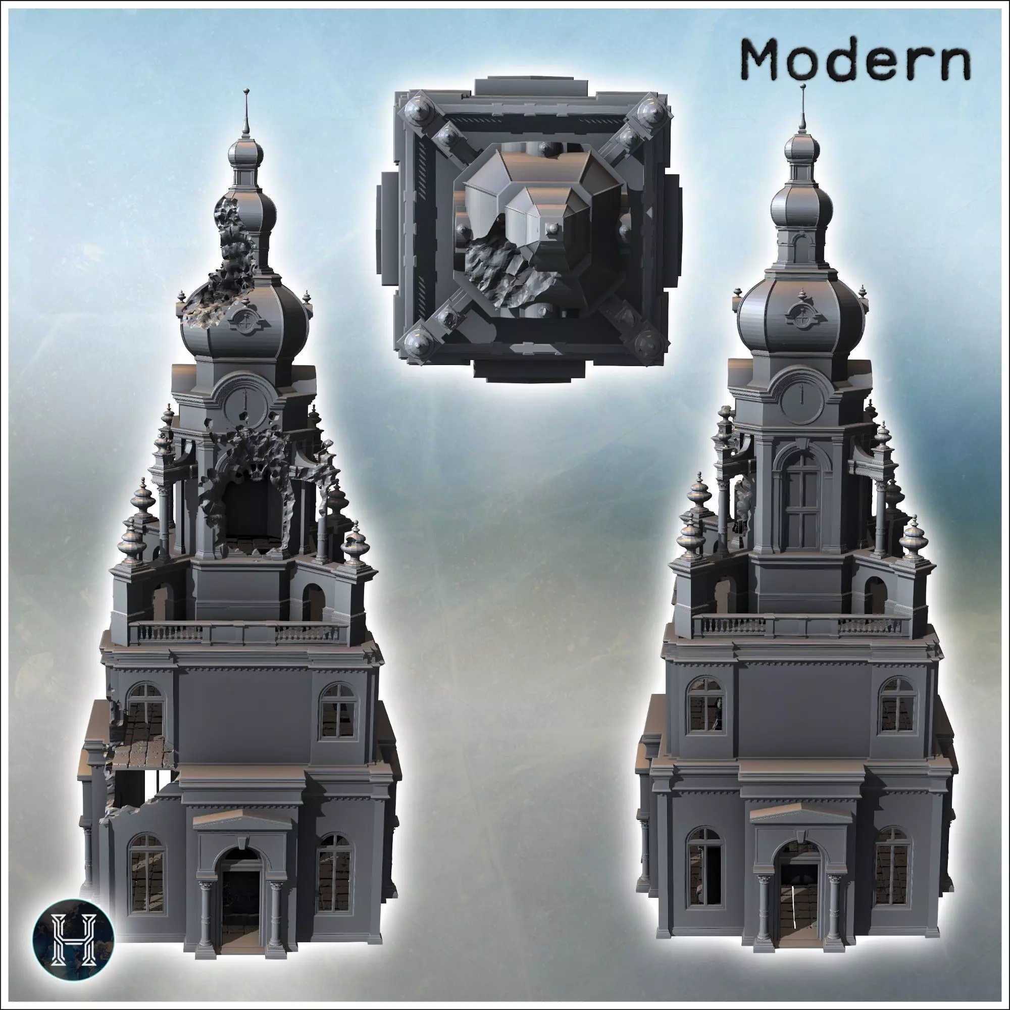 Destroyed Orthodox bell tower in baroque style with column entra 3D print model_6