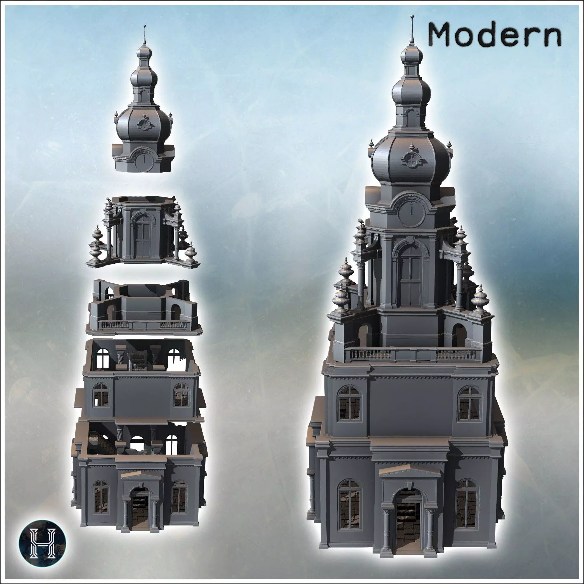 Destroyed Orthodox bell tower in baroque style with column entra 3D print model_5