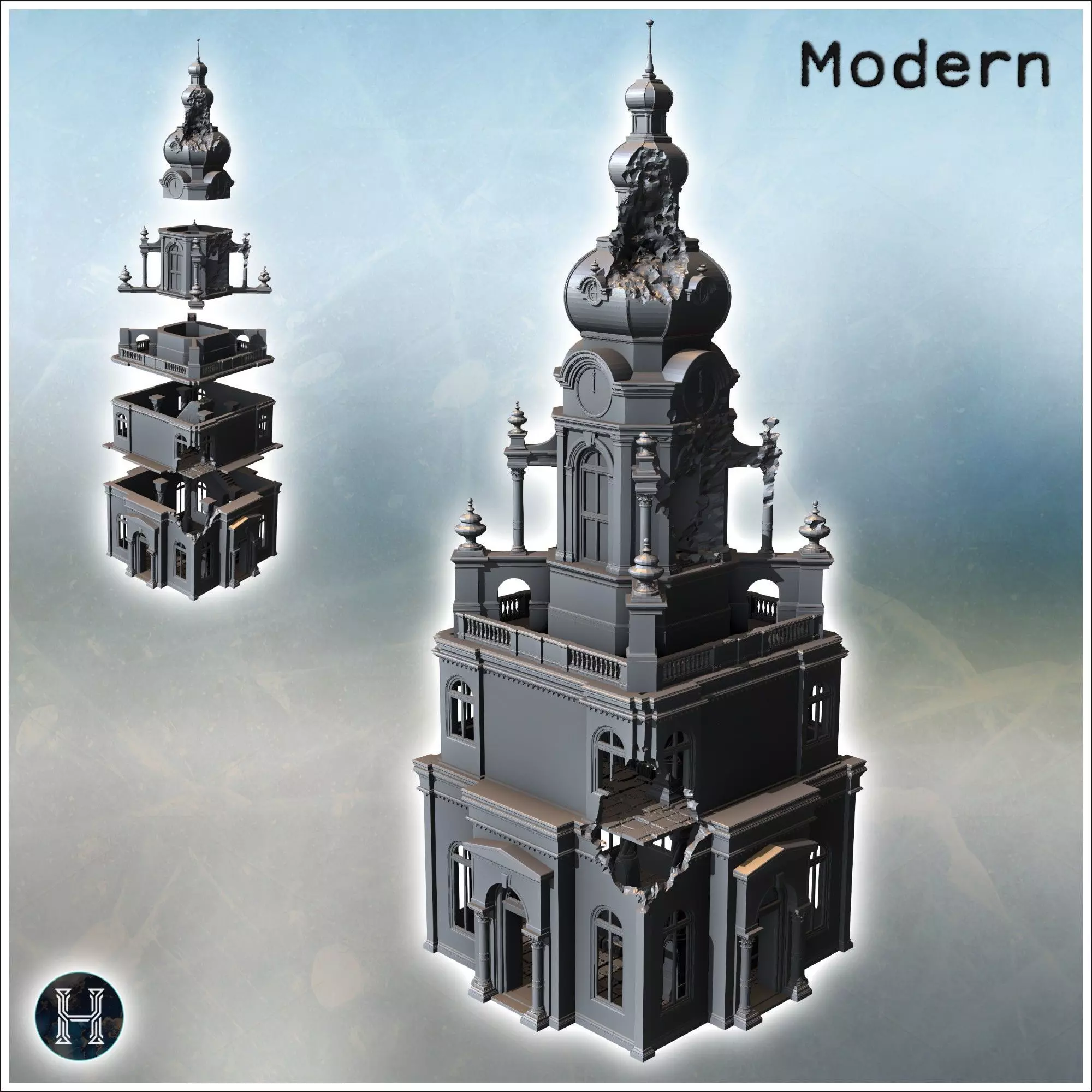 Destroyed Orthodox bell tower in baroque style with column entra 3D print model_0
