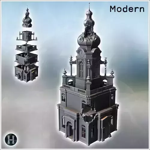 Destroyed Orthodox bell tower in baroque style with column entra