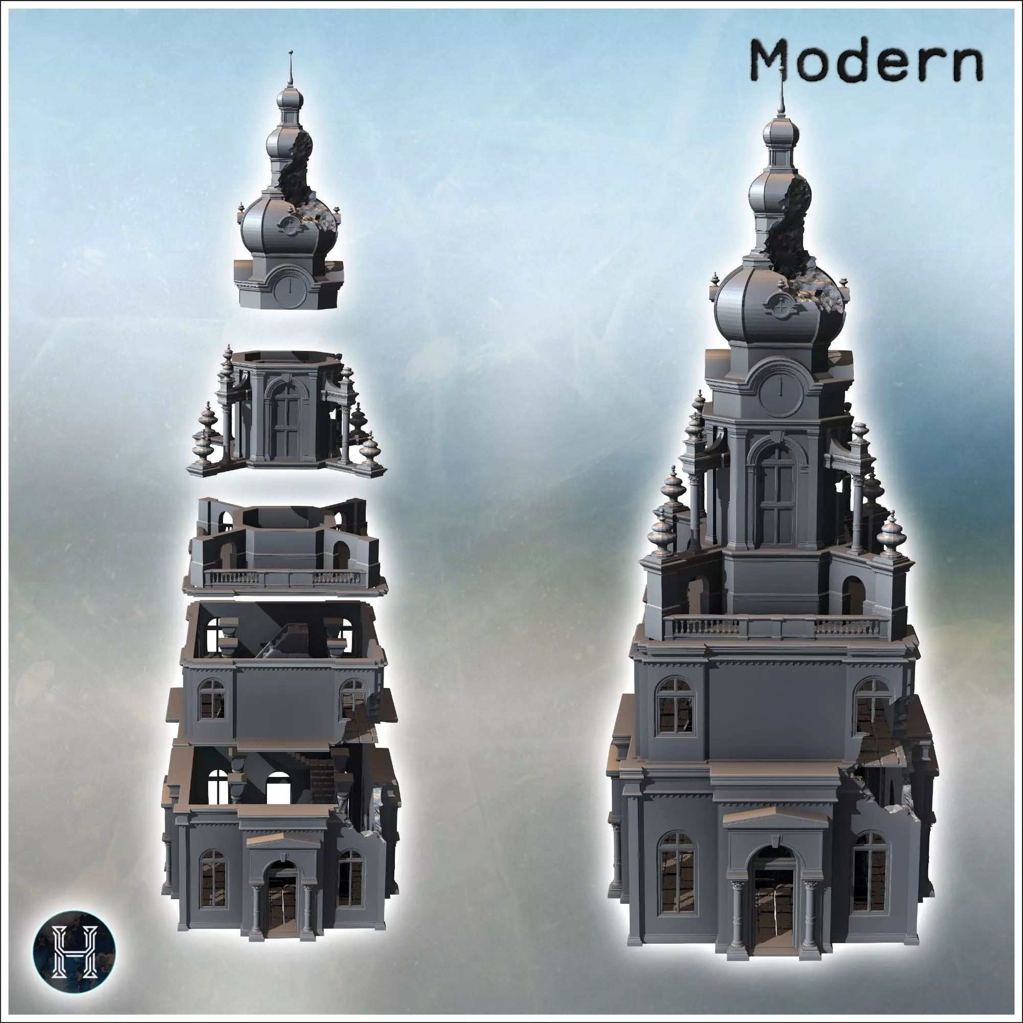 Destroyed Orthodox bell tower in baroque style with column entra 3D print model_2