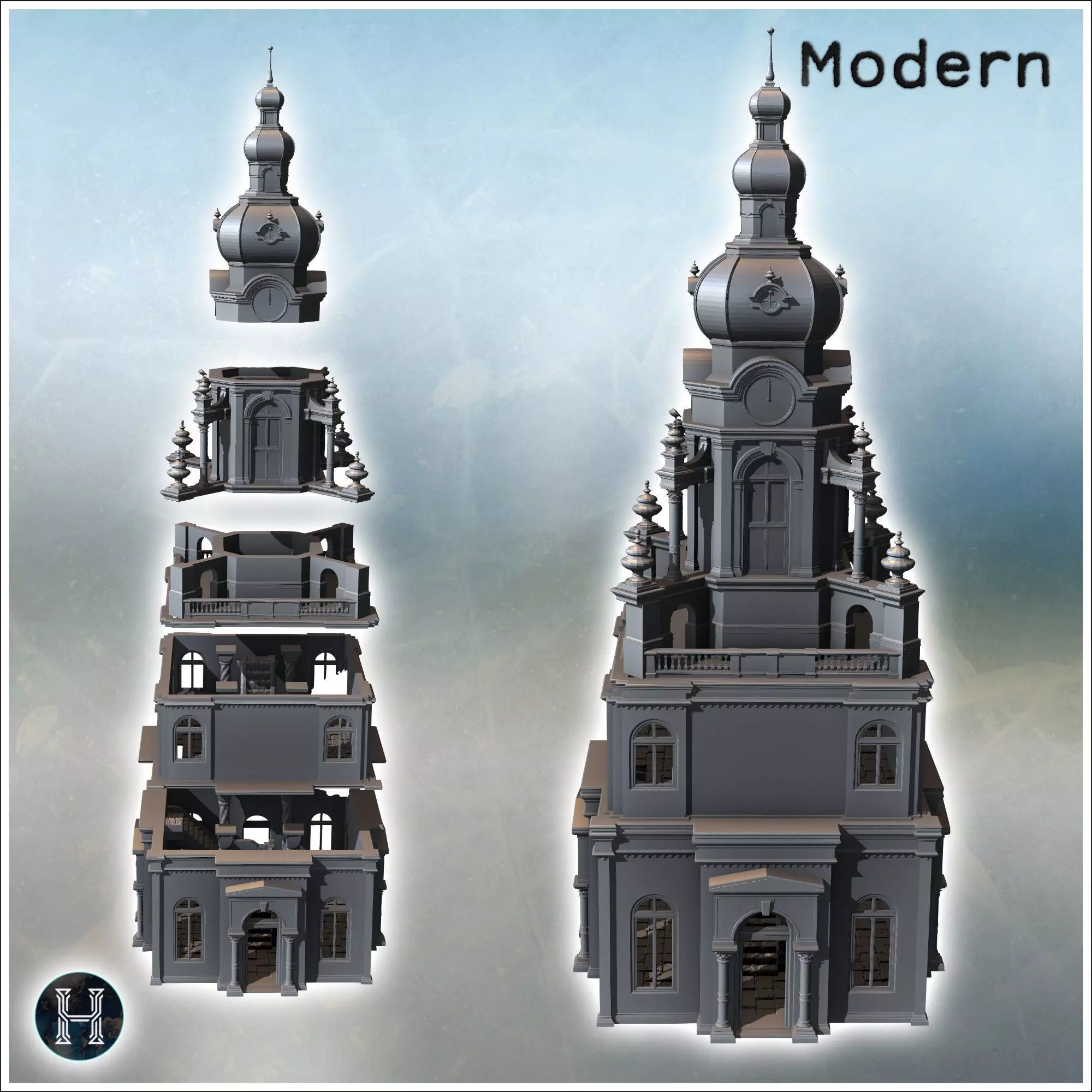 Destroyed Orthodox bell tower in baroque style with column entra 3D print model_4