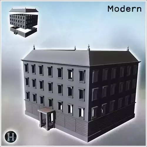 Large multi-story modern building with wide flat roof and entran