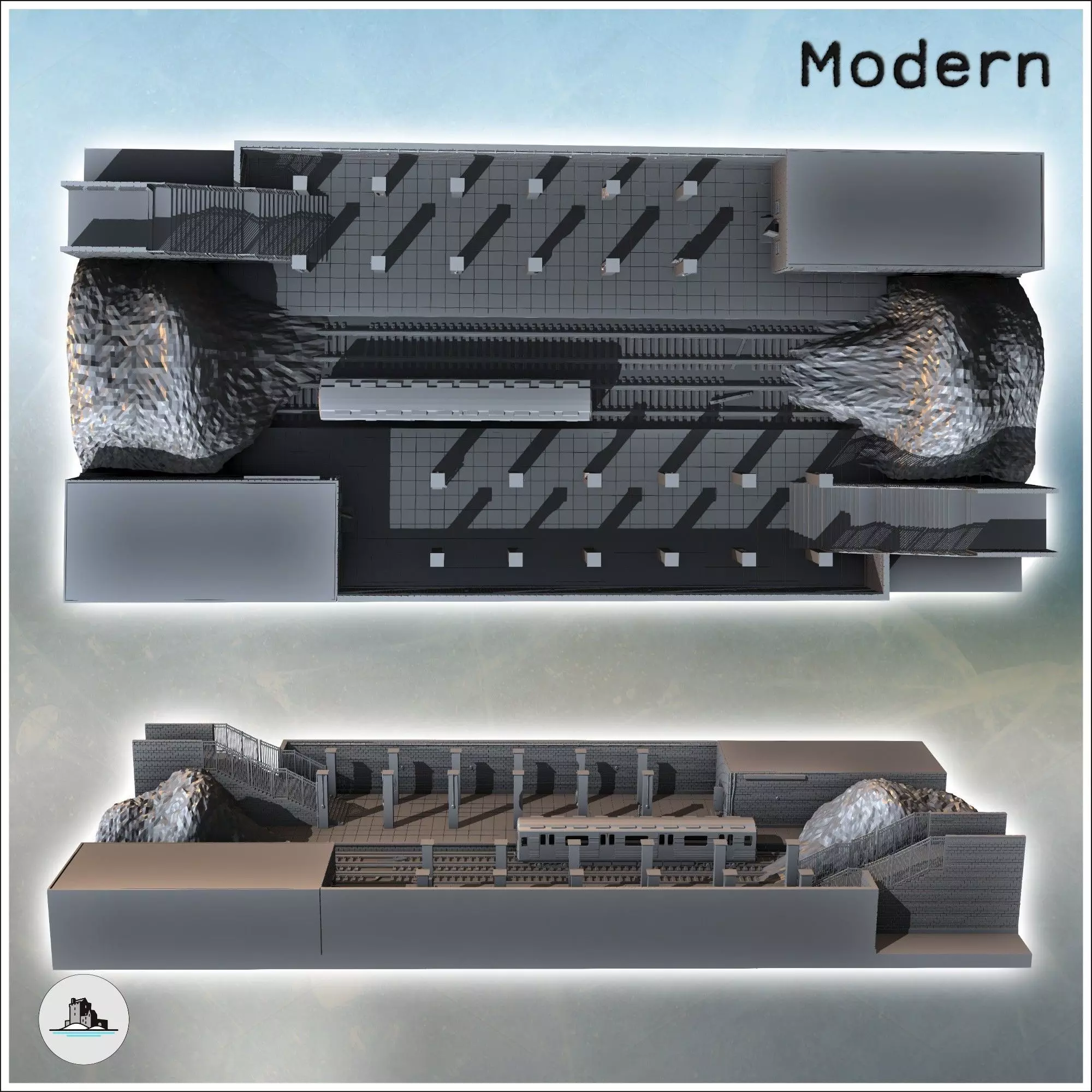 Underground subway station with empty train and debris on the tr 3D print model_3