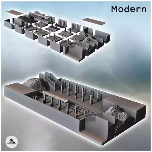 Underground subway station with empty train and debris on the tr 3D print model