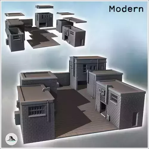 Set of five flat-roofed brick houses with paved road and enclosu