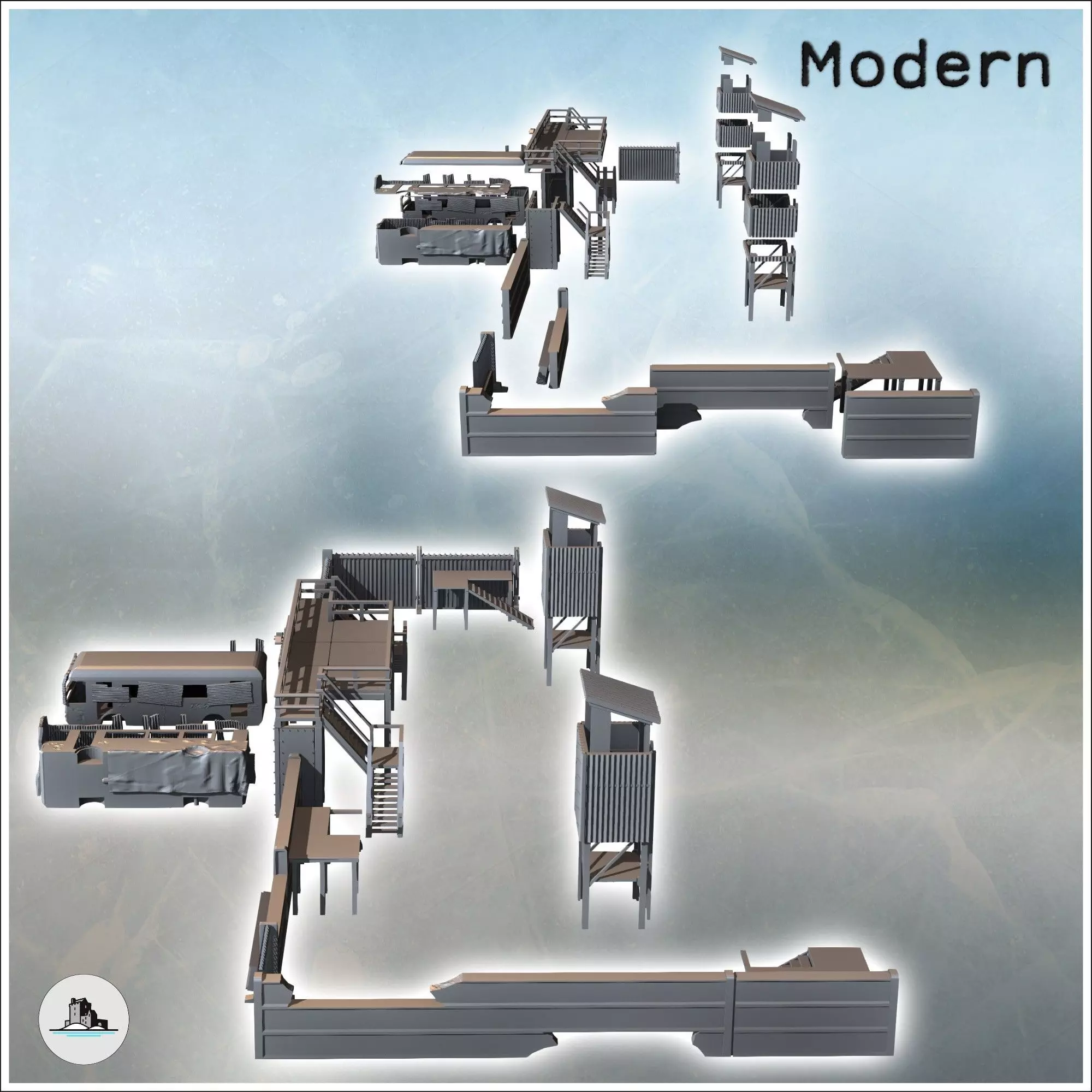 Set of post-apocalyptic modern fortifications with metal sheet w 3D print model_2