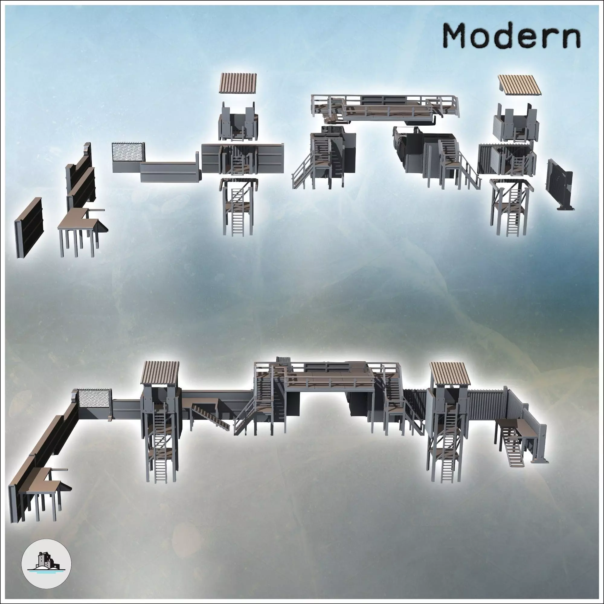 Set of post-apocalyptic modern fortifications with metal sheet w 3D print model_1