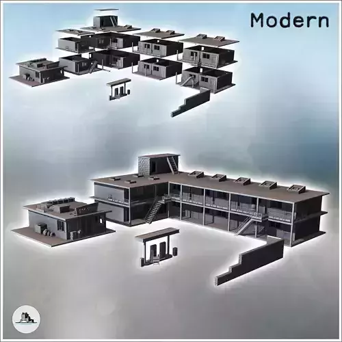 Set of modern motel with a large multi-story main building and g