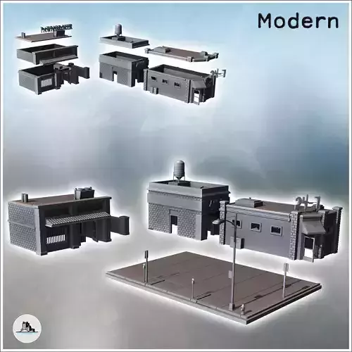 Set of three brick urban buildings with 24-7 shop rooftop tank a