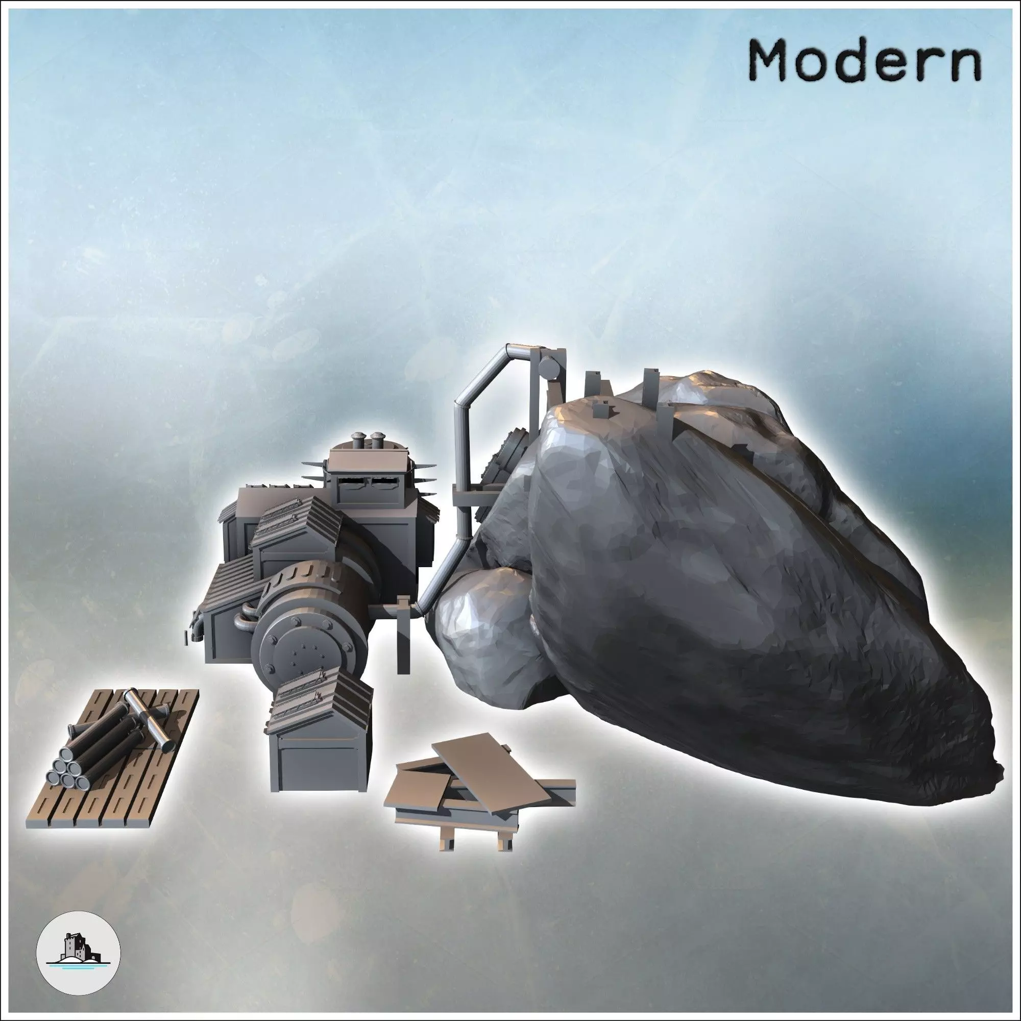 Modern mine with extraction machines and a large rock 13 - Moder 3D print model_4