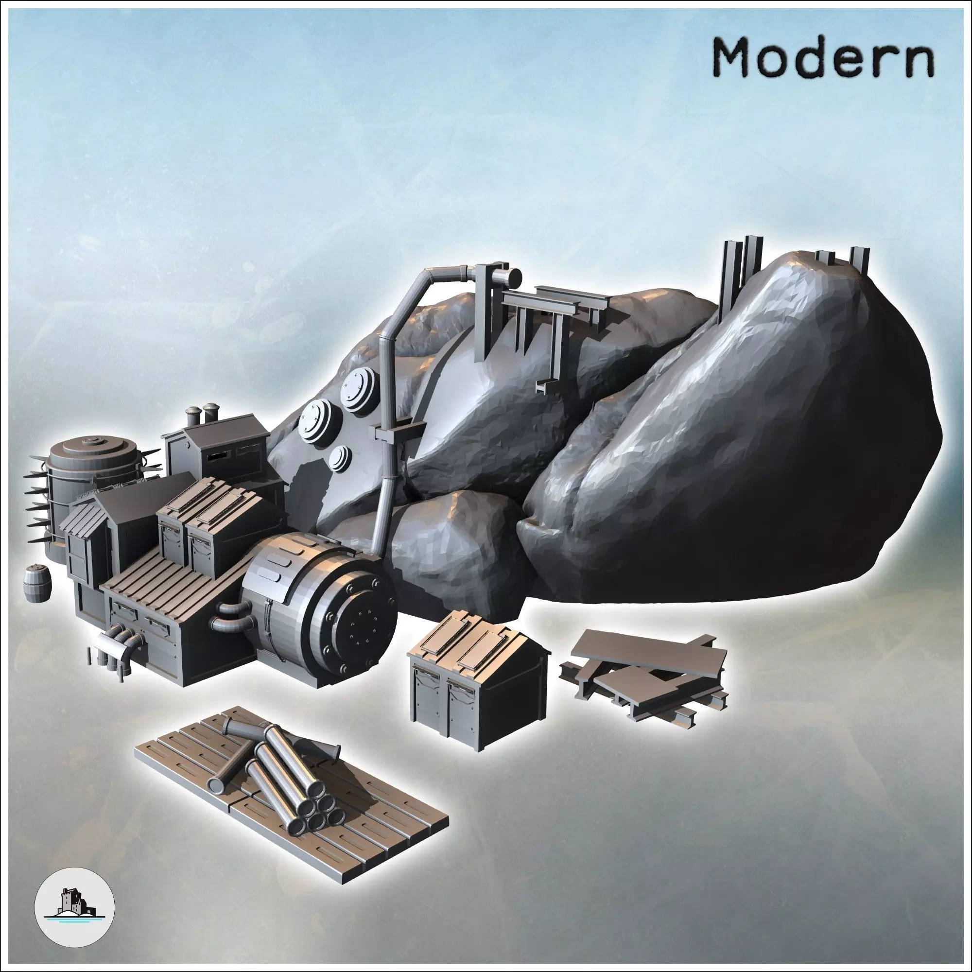Modern mine with extraction machines and a large rock 13 - Moder 3D print model_0