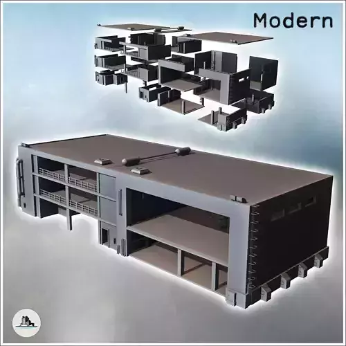 Open modern industrial building with multiple floors flat roof a