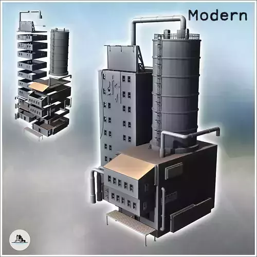 Modern building with a large silo pipes and overhanging annexes 