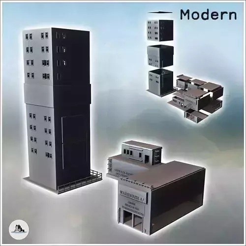 Set of two industrial buildings with a large tower and warehouse