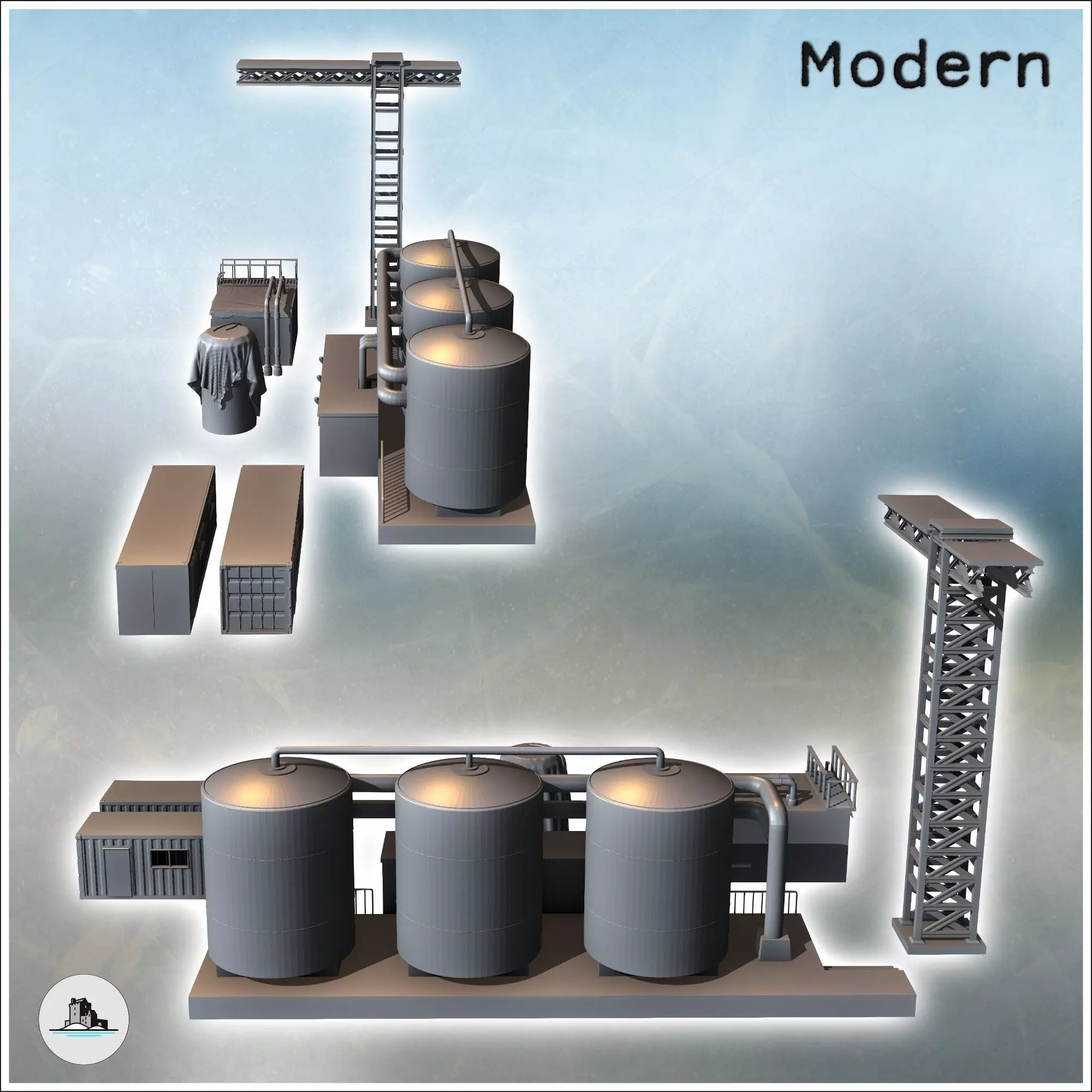 Set of industrial buildings with a crane tank triple tanks and c 3D print model_3